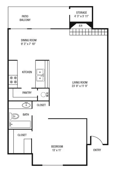 1 Bedroom 1 Bath 302 floor plan